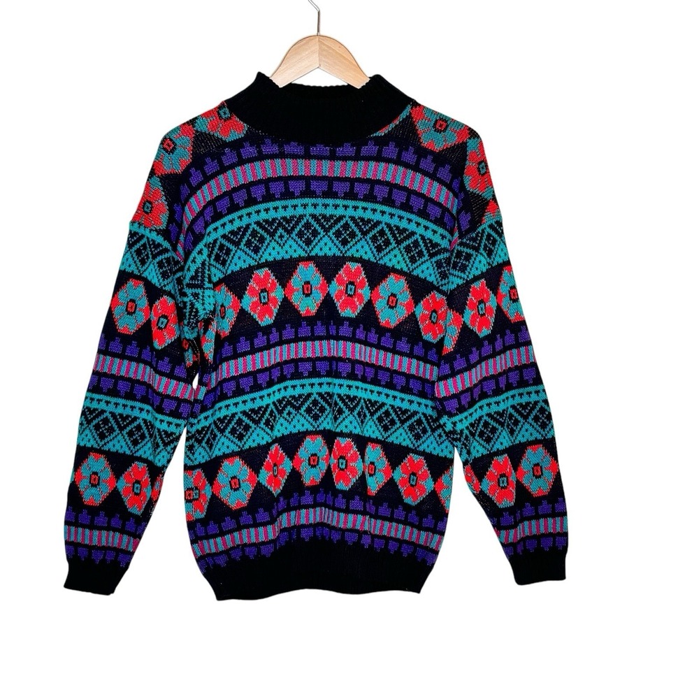 Vintage 90s Mens Geometric Grunge‎ Sweater Maximalist Bright Knit Retro Cosby